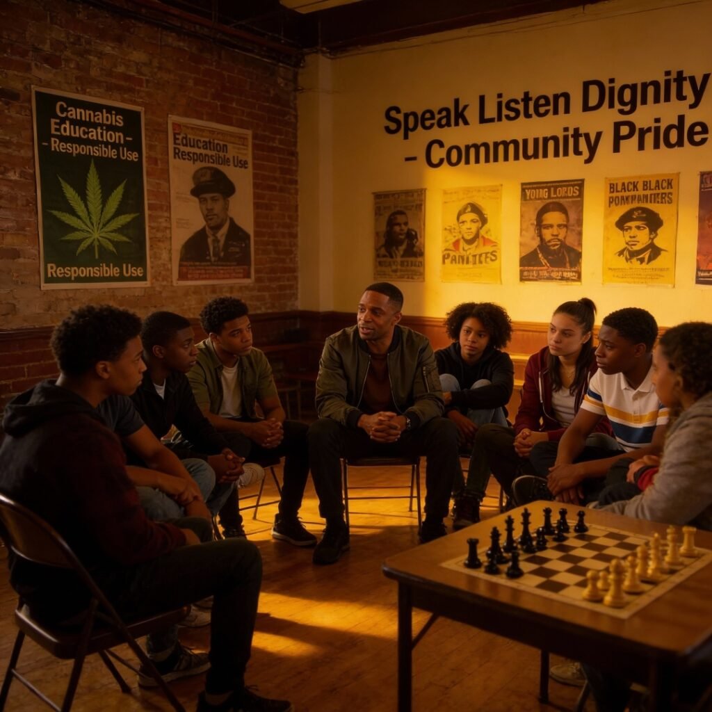 Circle of 10 young Black and Latino men and women (18-25) + 1 brown-skinned African young woman (20s, natural hair, thoughtful expression) in Harlem community center. Dim warm lighting, deep brotherhood/sisterhood conversation. Background: your attached Black Panther/Young Lords posters, chess board mid-game, "Speak Listen Dignity Community Pride" wall text. Young Lords flag (Puerto Rican colors) far left corner with subtle shadow.