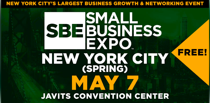 Small Business Expo New York City 2026 flyer for the Javits Convention Center on May 7, 2026, with event details and business networking promotion.
